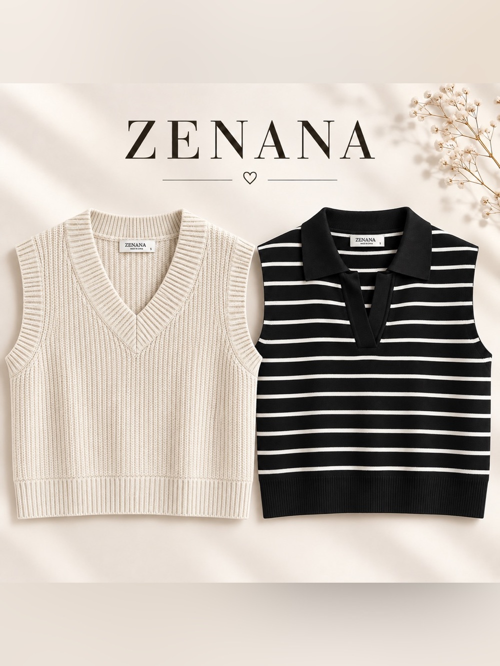 Zenana V-Neck Sweater Vest Bundle of 2- Cream & Black Striped NEW Size Small